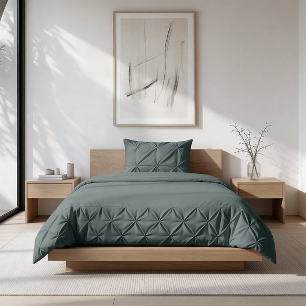 Microfibre Duvet Cover Set Border Pintuck | Green | King Long - 240cm (W) x 220cm (L) - The Bedding & Blankets Store