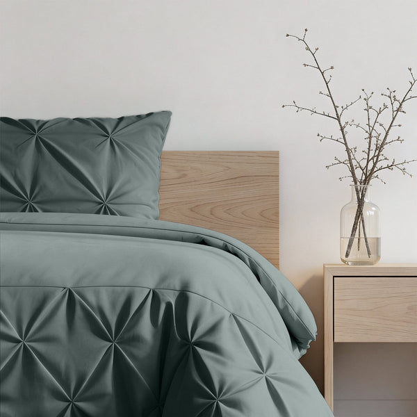 Microfibre Duvet Cover Set Border Pintuck | Green | King Long - 240cm (W) x 220cm (L) - The Bedding & Blankets Store