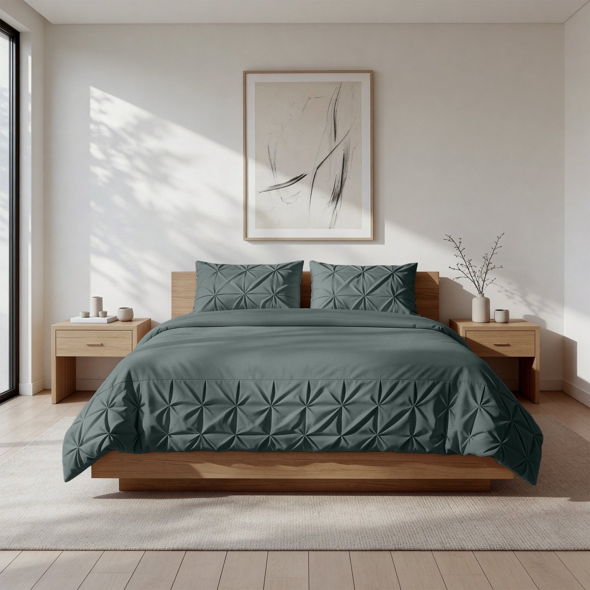 Microfibre Duvet Cover Set Border Pintuck | Green | King Long - 240cm (W) x 220cm (L) - The Bedding & Blankets Store