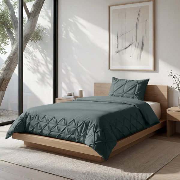 Microfibre Duvet Cover Set Border Pintuck | Green | King Long - 240cm (W) x 220cm (L) - The Bedding & Blankets Store