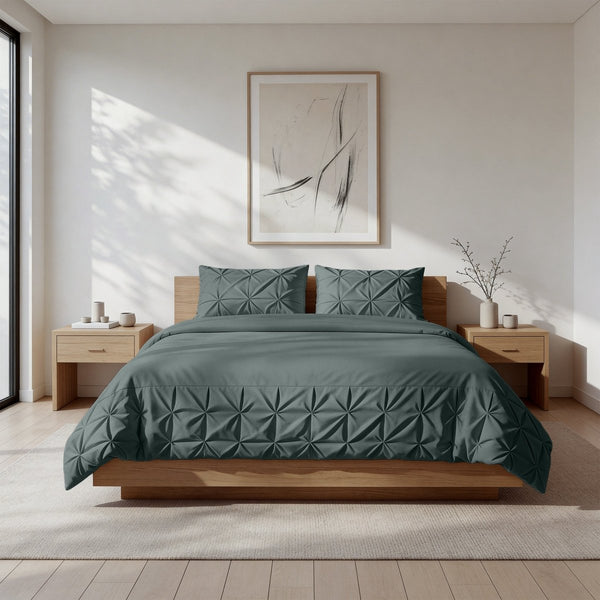 Microfibre Duvet Cover Set Border Pintuck | Green | King Long - 240cm (W) x 220cm (L) - The Bedding & Blankets Store