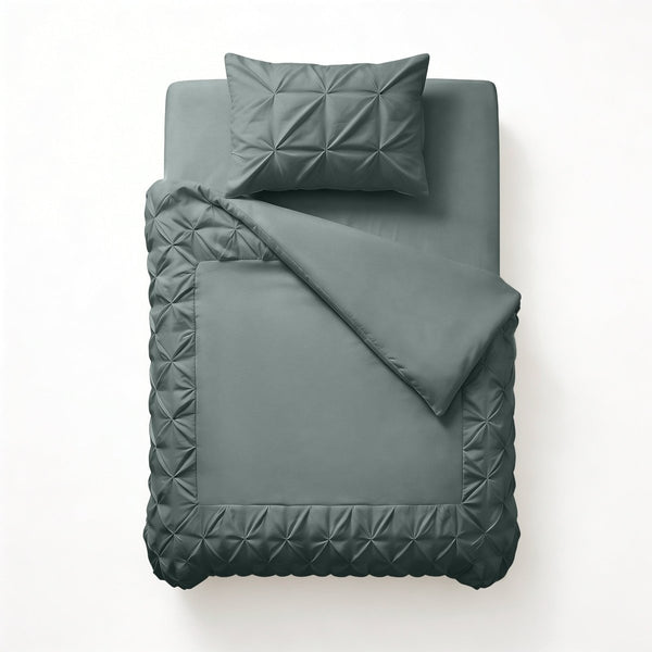 Microfibre Duvet Cover Set Border Pintuck | Green | King Long - 240cm (W) x 220cm (L) - The Bedding & Blankets Store