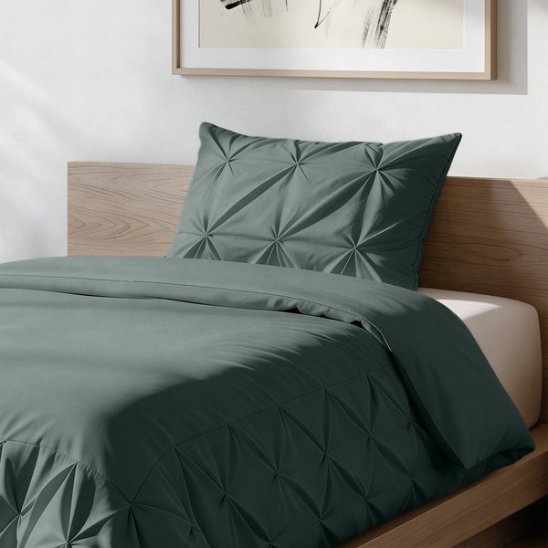 Microfibre Duvet Cover Set Border Pintuck | Green | King Long - 240cm (W) x 220cm (L) - The Bedding & Blankets Store