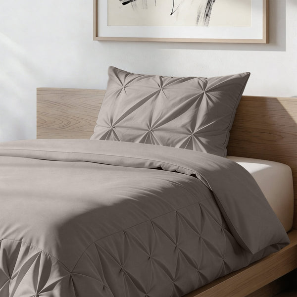 Microfibre Duvet Cover Set Border Pintuck | Taupe/Grey | King Long - 240cm (W) x 220cm (L) - The Bedding & Blankets Store
