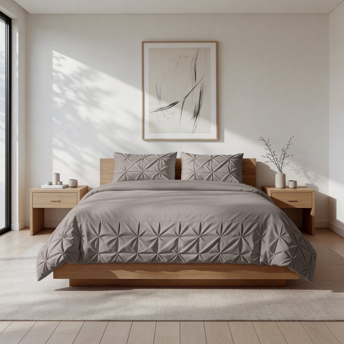 Microfibre Duvet Cover Set Border Pintuck | Taupe/Grey | King Long - 240cm (W) x 220cm (L) - The Bedding & Blankets Store