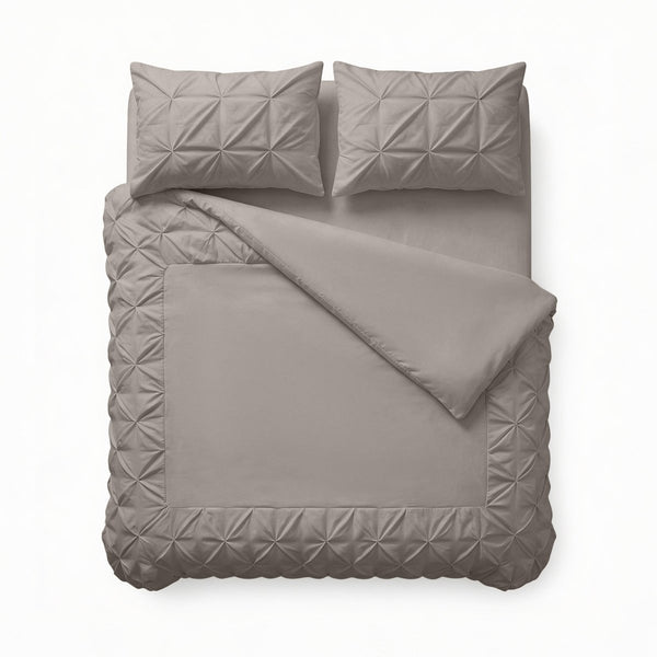 Microfibre Duvet Cover Set Border Pintuck | Taupe/Grey | King Long - 240cm (W) x 220cm (L) - The Bedding & Blankets Store