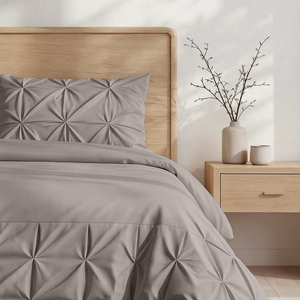 Microfibre Duvet Cover Set Border Pintuck | Taupe/Grey | King Long - 240cm (W) x 220cm (L) - The Bedding & Blankets Store