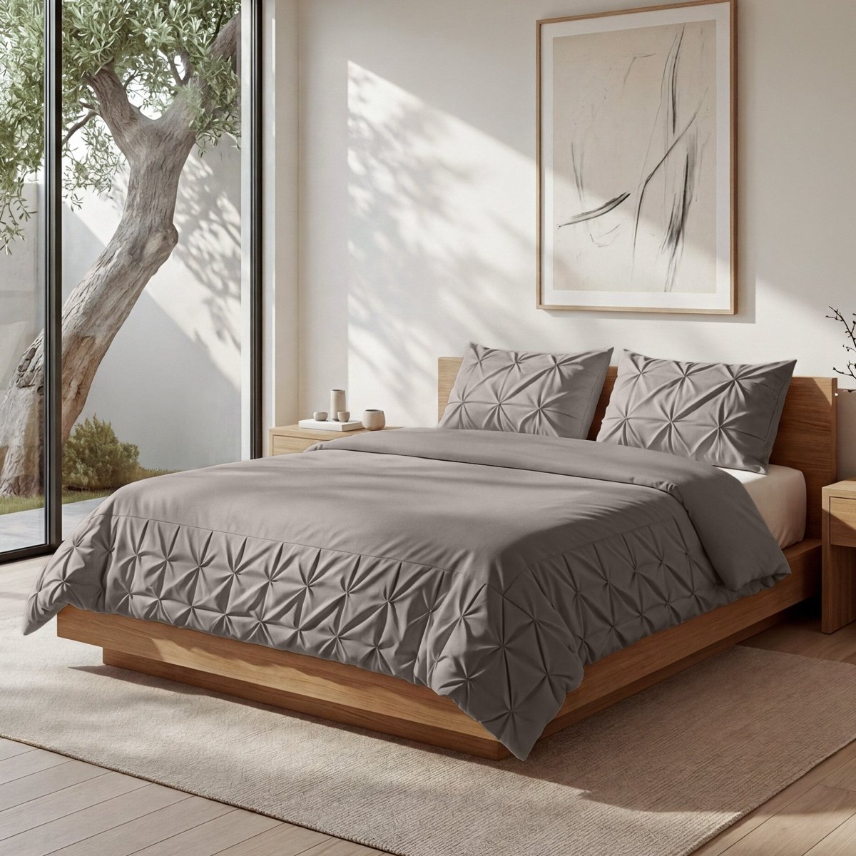 Microfibre Duvet Cover Set Border Pintuck | Taupe/Grey | King Long - 240cm (W) x 220cm (L) - The Bedding & Blankets Store