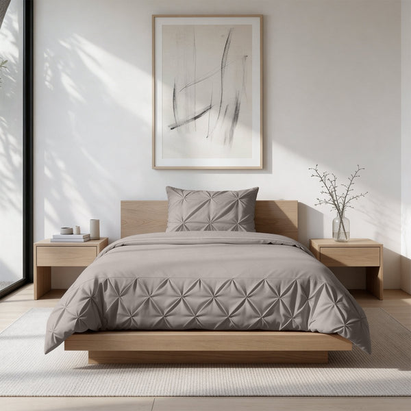 Microfibre Duvet Cover Set Border Pintuck | Taupe/Grey | King Long - 240cm (W) x 220cm (L) - The Bedding & Blankets Store