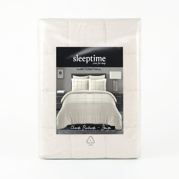 Microfibre Duvet Cover Set Check Pintuck | Beige | King Long - 240cm (W) x 220cm (L) - The Bedding & Blankets Store