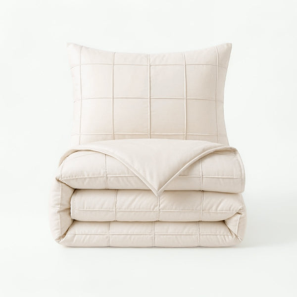Microfibre Duvet Cover Set Check Pintuck | Beige | King Long - 240cm (W) x 220cm (L) - The Bedding & Blankets Store