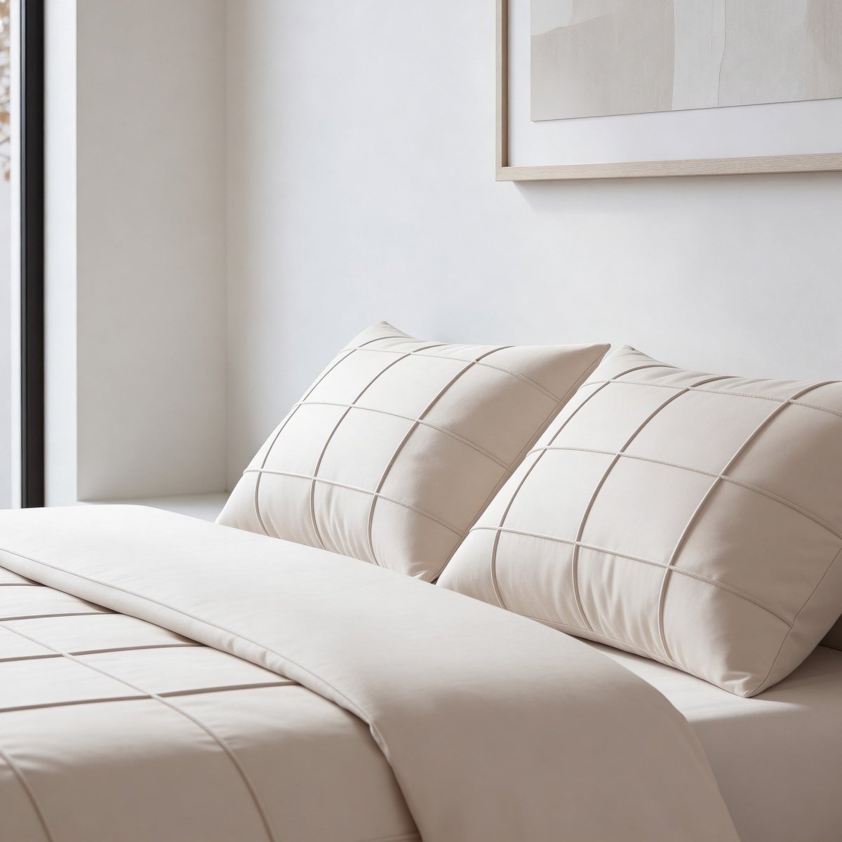Microfibre Duvet Cover Set Check Pintuck | Beige | King Long - 240cm (W) x 220cm (L) - The Bedding & Blankets Store