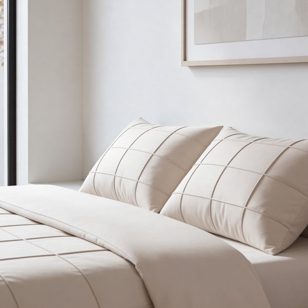 Microfibre Duvet Cover Set Check Pintuck | Beige | King Long - 240cm (W) x 220cm (L) - The Bedding & Blankets Store