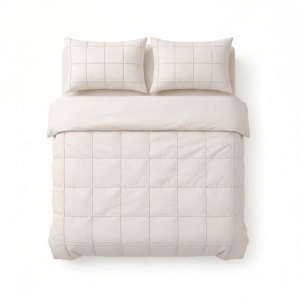 Microfibre Duvet Cover Set Check Pintuck | Beige | King Long - 240cm (W) x 220cm (L) - The Bedding & Blankets Store