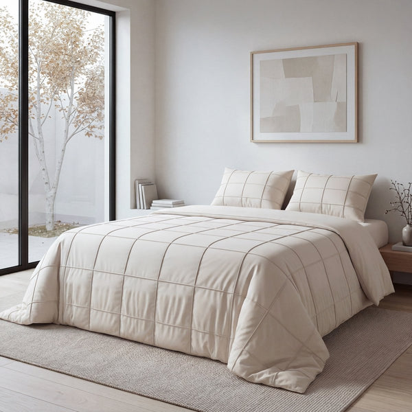 Microfibre Duvet Cover Set Check Pintuck | Beige | King Long - 240cm (W) x 220cm (L) - The Bedding & Blankets Store