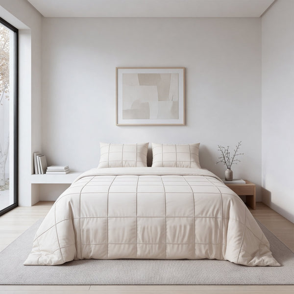 Microfibre Duvet Cover Set Check Pintuck | Beige | King Long - 240cm (W) x 220cm (L) - The Bedding & Blankets Store