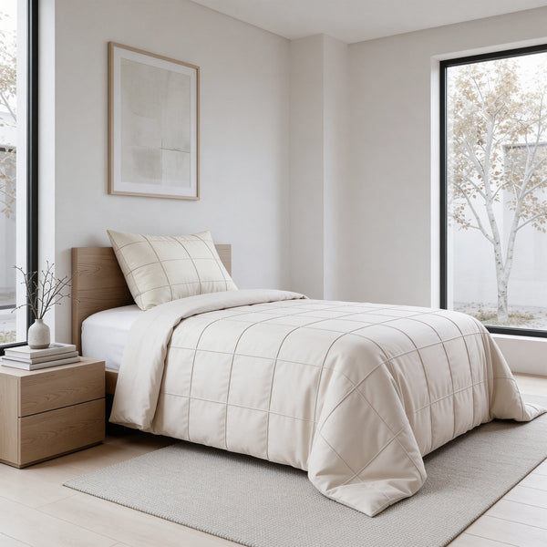 Microfibre Duvet Cover Set Check Pintuck | Beige | King Long - 240cm (W) x 220cm (L) - The Bedding & Blankets Store