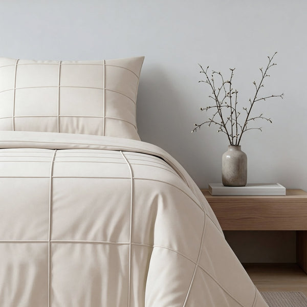Microfibre Duvet Cover Set Check Pintuck | Beige | King Long - 240cm (W) x 220cm (L) - The Bedding & Blankets Store