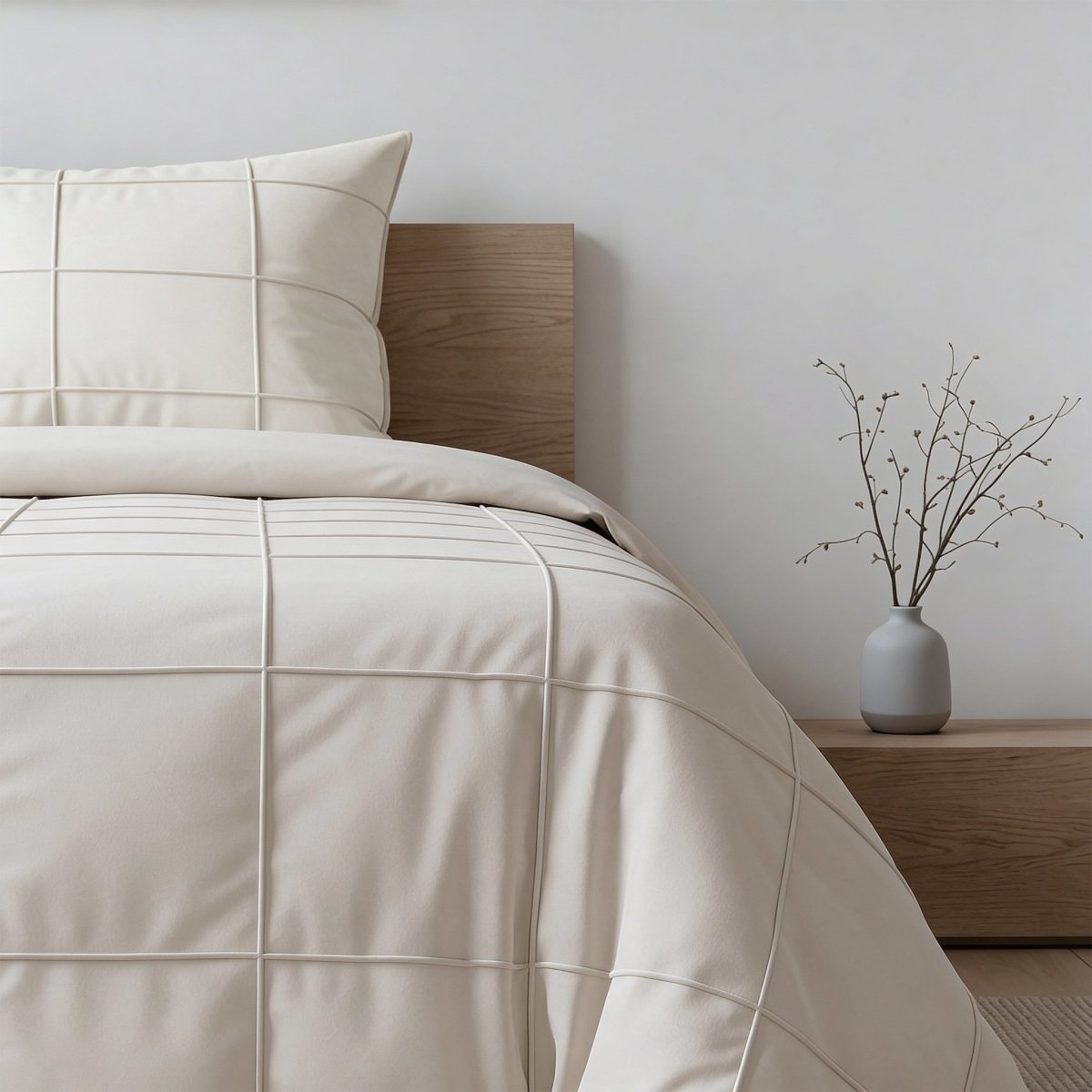 Microfibre Duvet Cover Set Check Pintuck | Beige | King Long - 240cm (W) x 220cm (L) - The Bedding & Blankets Store