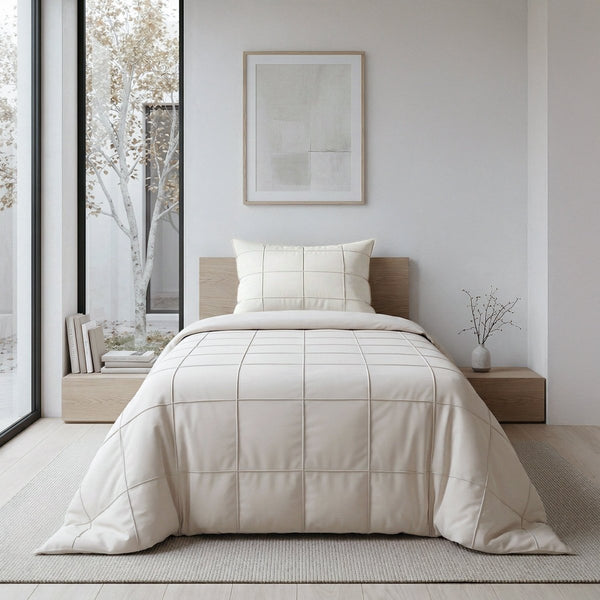 Microfibre Duvet Cover Set Check Pintuck | Beige | King Long - 240cm (W) x 220cm (L) - The Bedding & Blankets Store