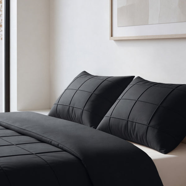 Microfibre Duvet Cover Set Check Pintuck | Black | King Long - 240cm (W) x 220cm (L) - The Bedding & Blankets Store