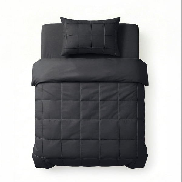 Microfibre Duvet Cover Set Check Pintuck | Black | King Long - 240cm (W) x 220cm (L) - The Bedding & Blankets Store