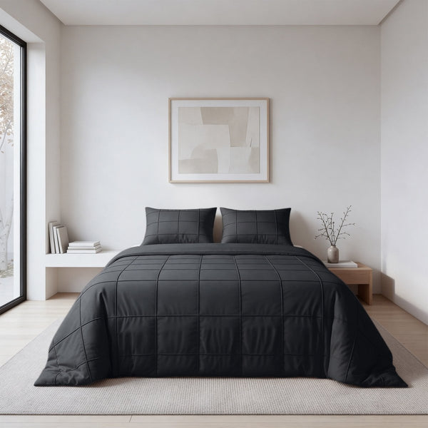 Microfibre Duvet Cover Set Check Pintuck | Black | King Long - 240cm (W) x 220cm (L) - The Bedding & Blankets Store