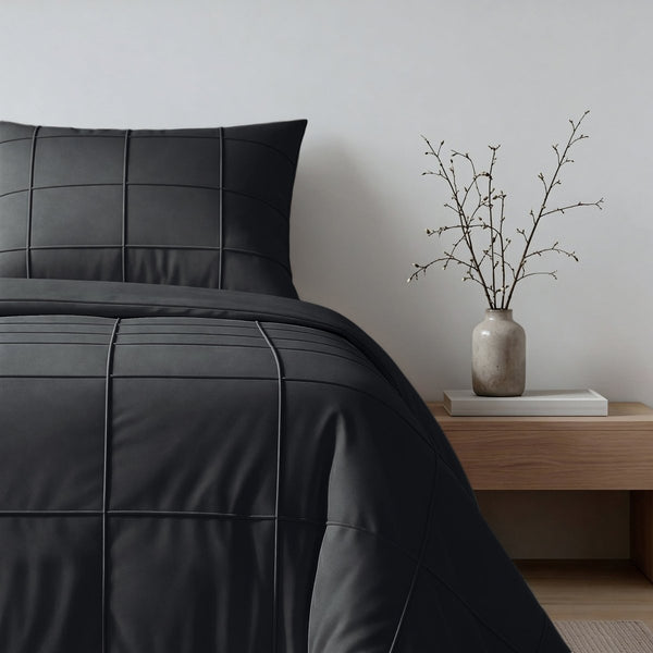 Microfibre Duvet Cover Set Check Pintuck | Black | King Long - 240cm (W) x 220cm (L) - The Bedding & Blankets Store
