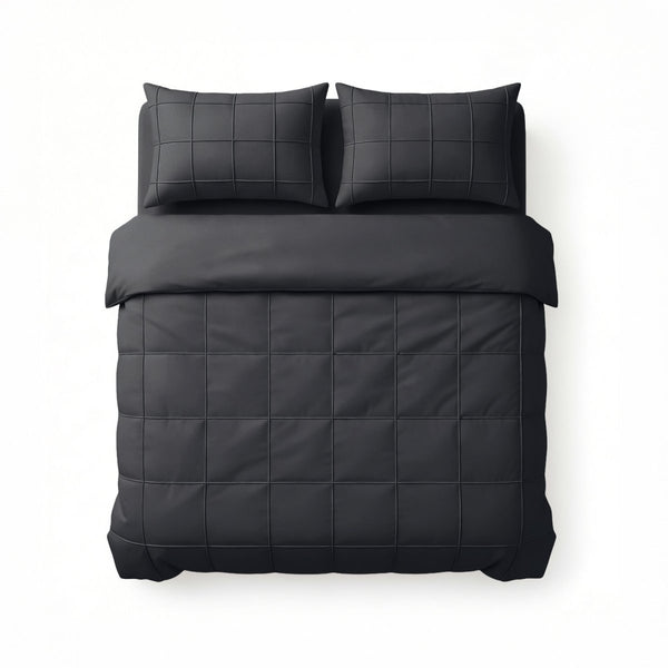 Microfibre Duvet Cover Set Check Pintuck | Black | King Long - 240cm (W) x 220cm (L) - The Bedding & Blankets Store