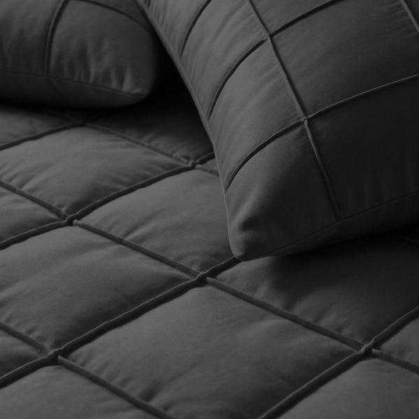 Microfibre Duvet Cover Set Check Pintuck | Black | King Long - 240cm (W) x 220cm (L) - The Bedding & Blankets Store
