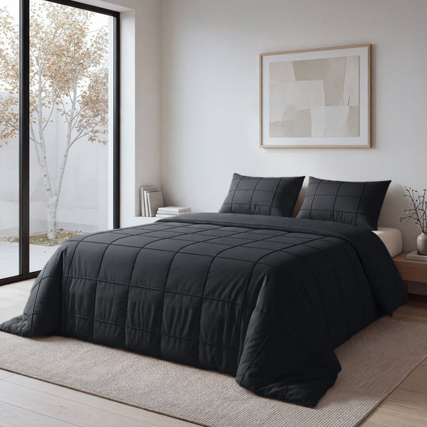 Microfibre Duvet Cover Set Check Pintuck | Black | King Long - 240cm (W) x 220cm (L) - The Bedding & Blankets Store