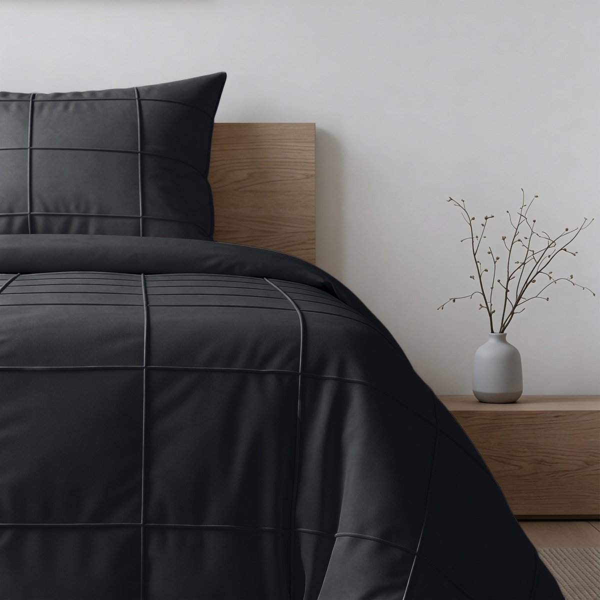 Microfibre Duvet Cover Set Check Pintuck | Black | King Long - 240cm (W) x 220cm (L) - The Bedding & Blankets Store