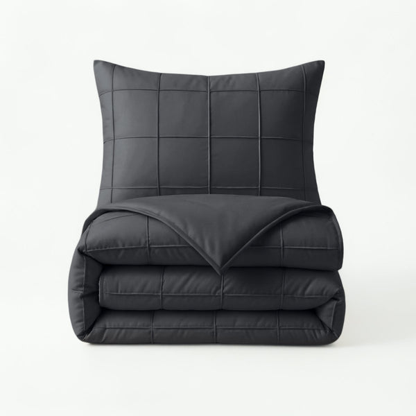 Microfibre Duvet Cover Set Check Pintuck | Black | King Long - 240cm (W) x 220cm (L) - The Bedding & Blankets Store