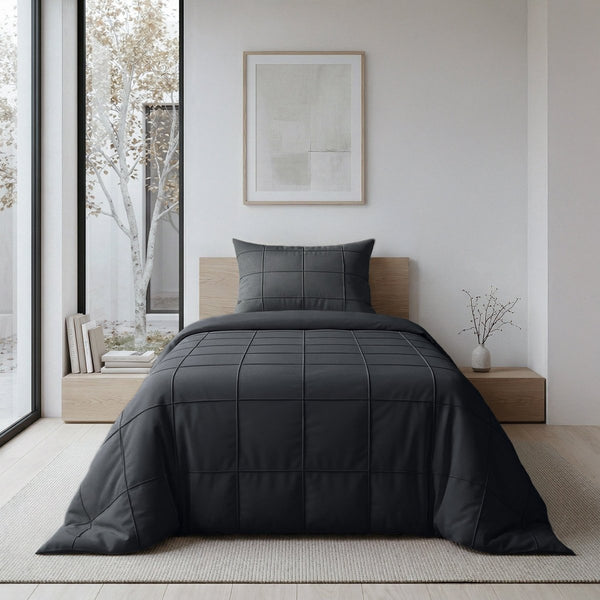 Microfibre Duvet Cover Set Check Pintuck | Black | King Long - 240cm (W) x 220cm (L) - The Bedding & Blankets Store