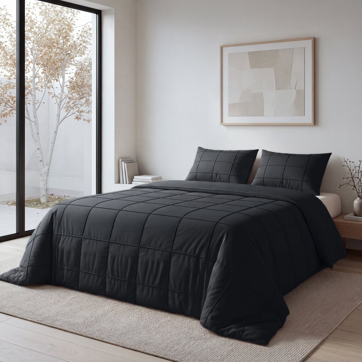 Microfibre Duvet Cover Set Check Pintuck | Black | King Long - 240cm (W) x 220cm (L) - The Bedding & Blankets Store