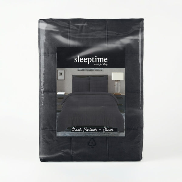 Microfibre Duvet Cover Set Check Pintuck | Black | King Long - 240cm (W) x 220cm (L) - The Bedding & Blankets Store