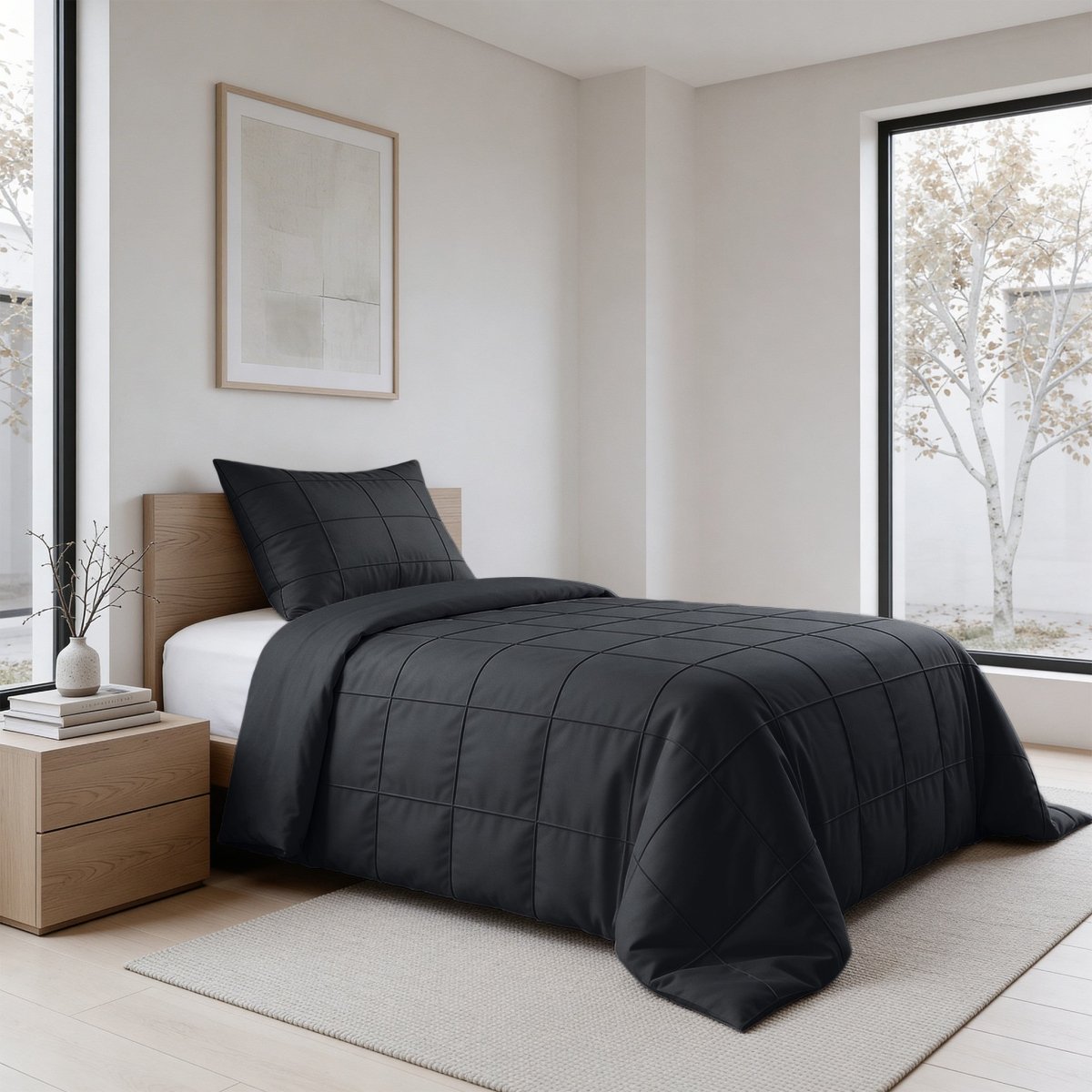 Microfibre Duvet Cover Set Check Pintuck | Black | King Long - 240cm (W) x 220cm (L) - The Bedding & Blankets Store