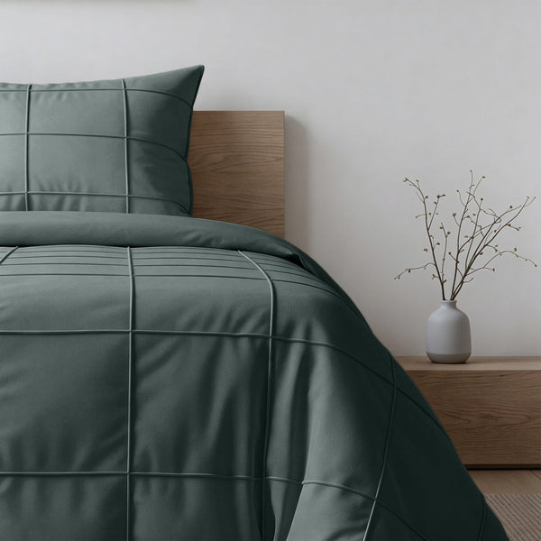 Microfibre Duvet Cover Set Check Pintuck | Green | King Long - 240cm (W) x 220cm (L) - The Bedding & Blankets Store
