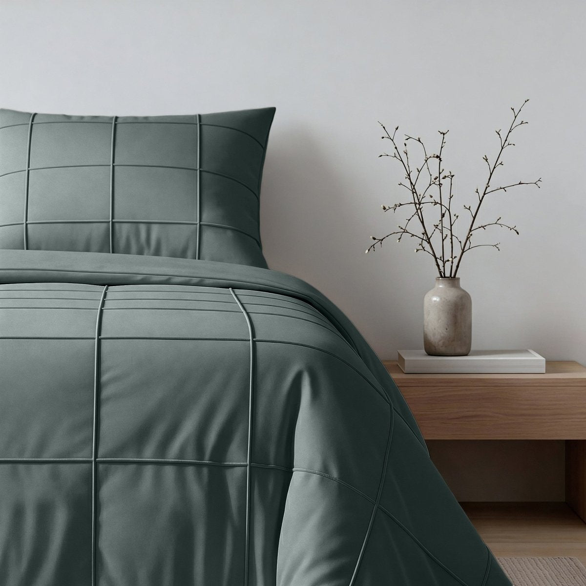 Microfibre Duvet Cover Set Check Pintuck | Green | King Long - 240cm (W) x 220cm (L) - The Bedding & Blankets Store