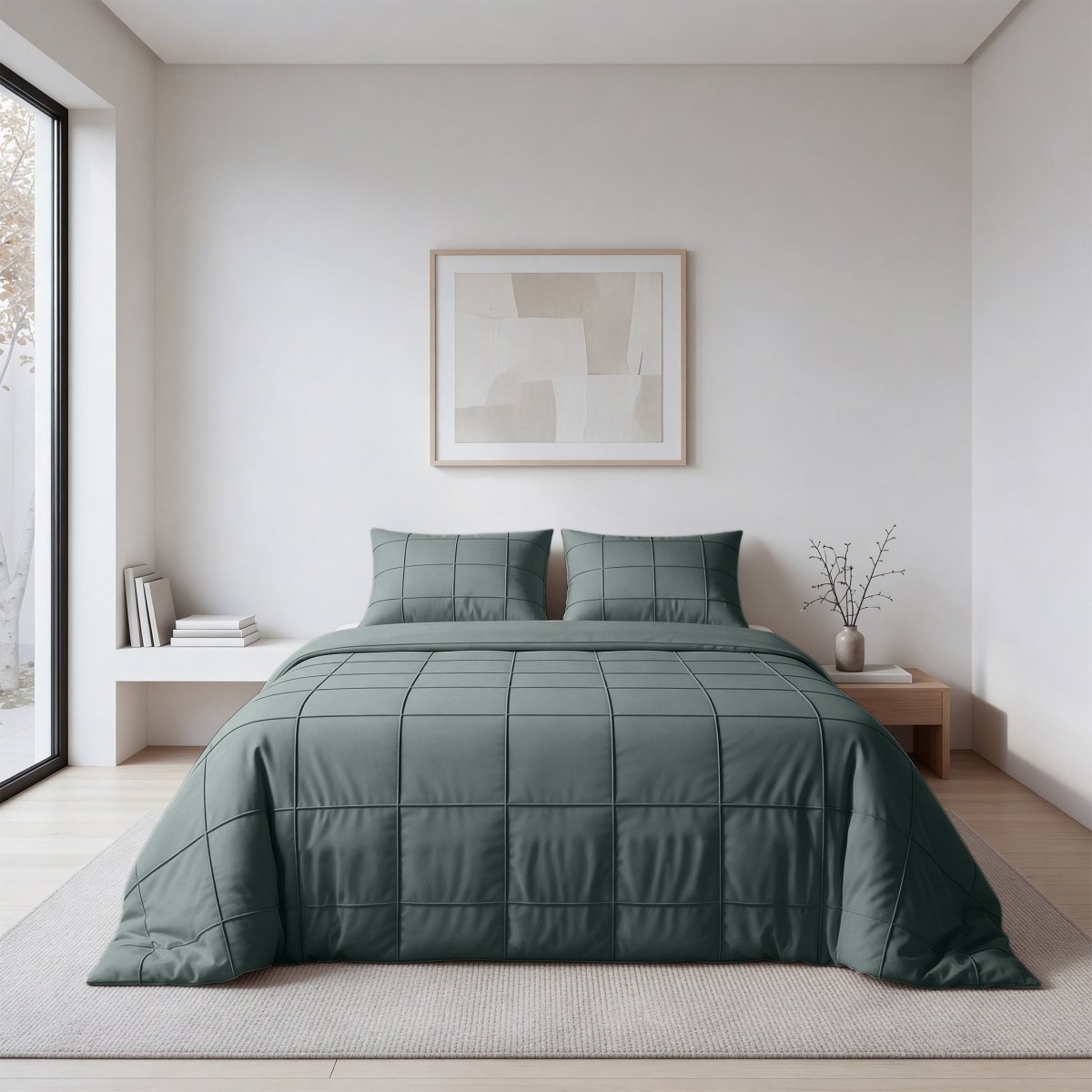 Microfibre Duvet Cover Set Check Pintuck | Green | King Long - 240cm (W) x 220cm (L) - The Bedding & Blankets Store