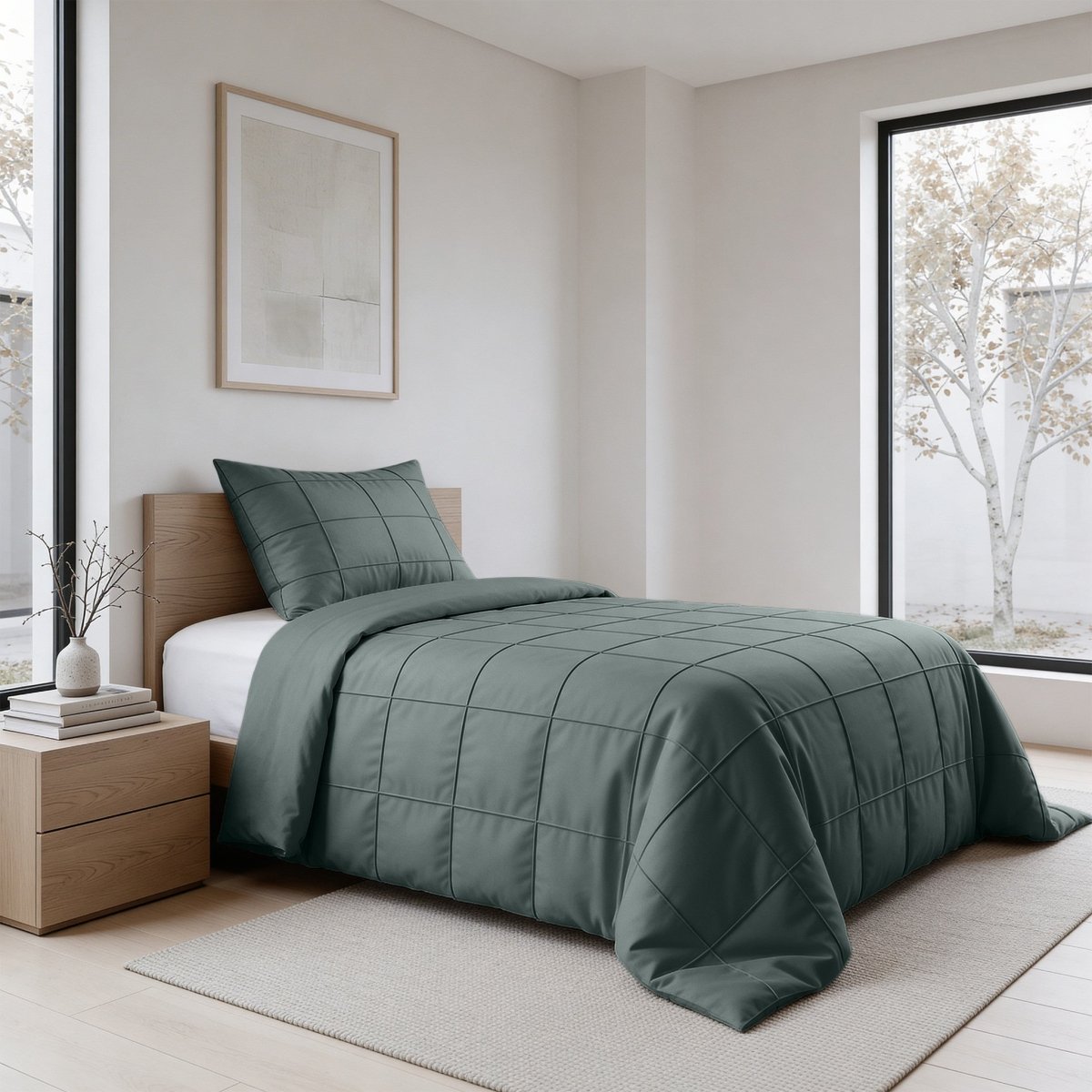 Microfibre Duvet Cover Set Check Pintuck | Green | King Long - 240cm (W) x 220cm (L) - The Bedding & Blankets Store