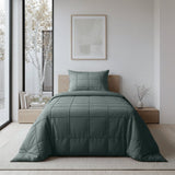 Microfibre Duvet Cover Set Check Pintuck | Green | King Long - 240cm (W) x 220cm (L) - The Bedding & Blankets Store