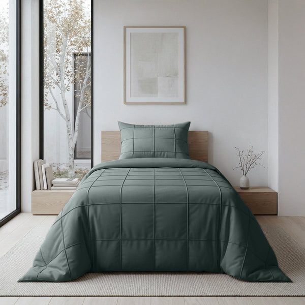 Microfibre Duvet Cover Set Check Pintuck | Green | King Long - 240cm (W) x 220cm (L) - The Bedding & Blankets Store