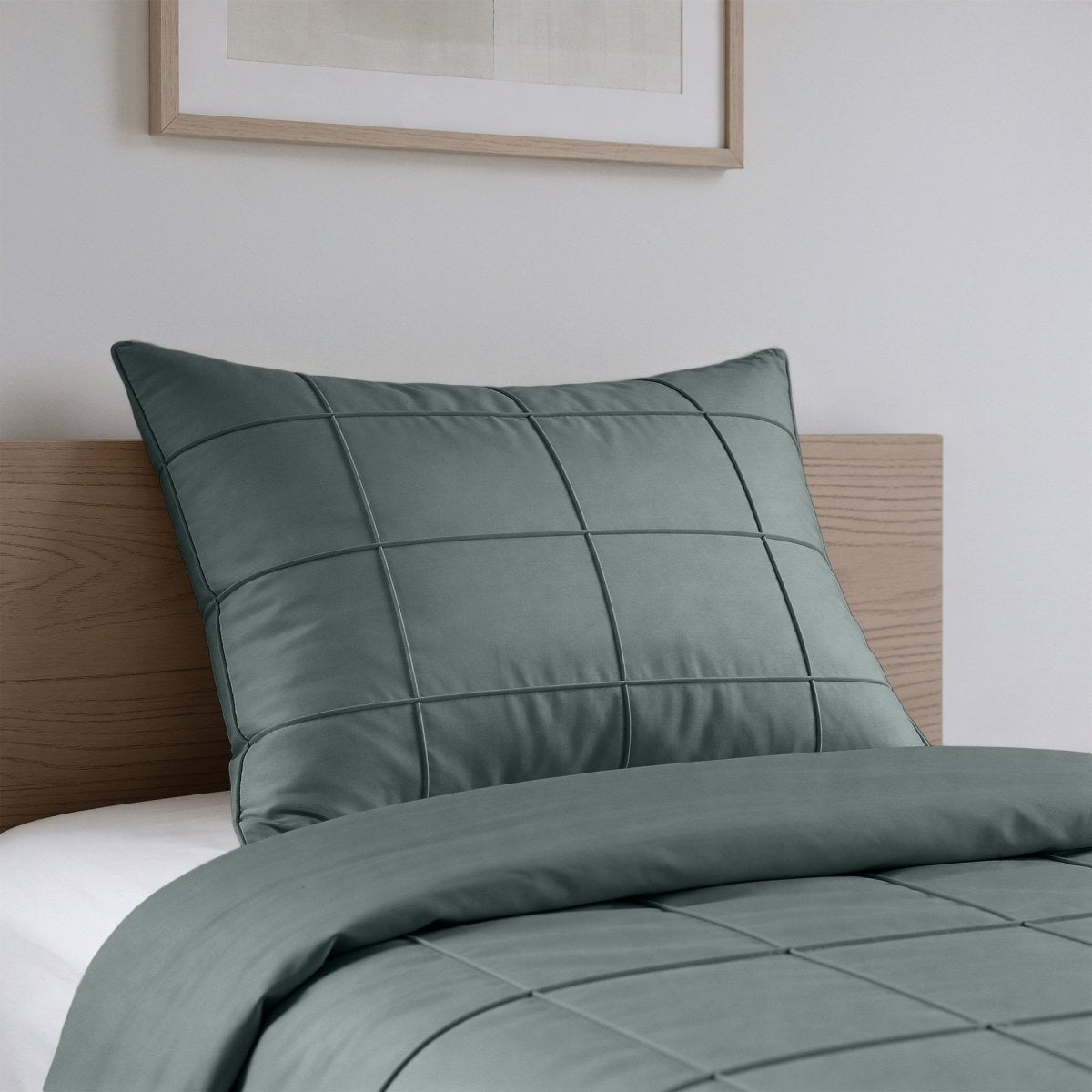 Microfibre Duvet Cover Set Check Pintuck | Green | King Long - 240cm (W) x 220cm (L) - The Bedding & Blankets Store