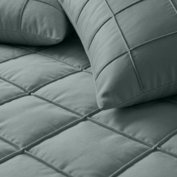Microfibre Duvet Cover Set Check Pintuck | Green | King Long - 240cm (W) x 220cm (L) - The Bedding & Blankets Store