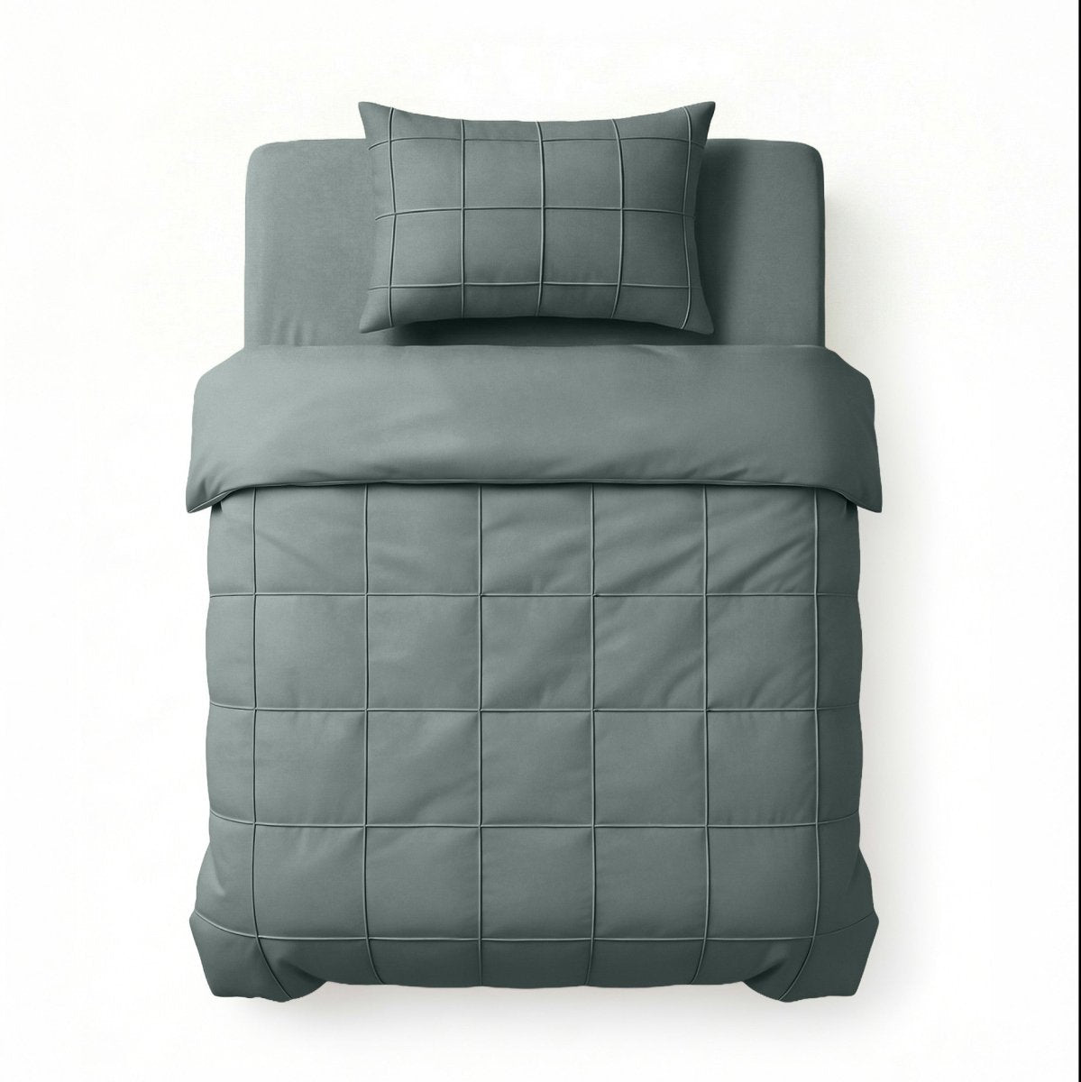 Microfibre Duvet Cover Set Check Pintuck | Green | King Long - 240cm (W) x 220cm (L) - The Bedding & Blankets Store