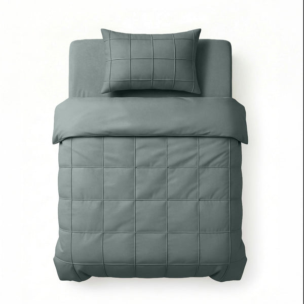 Microfibre Duvet Cover Set Check Pintuck | Green | King Long - 240cm (W) x 220cm (L) - The Bedding & Blankets Store