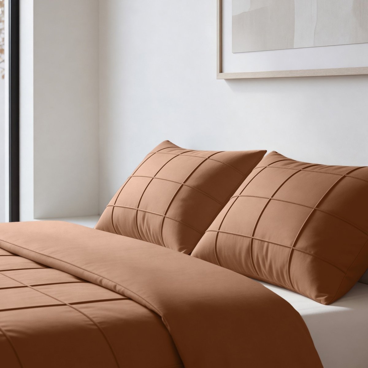 Microfibre Duvet Cover Set Check Pintuck | Mocha Moose | King Long - 240cm (W) x 220cm (L) - The Bedding & Blankets Store