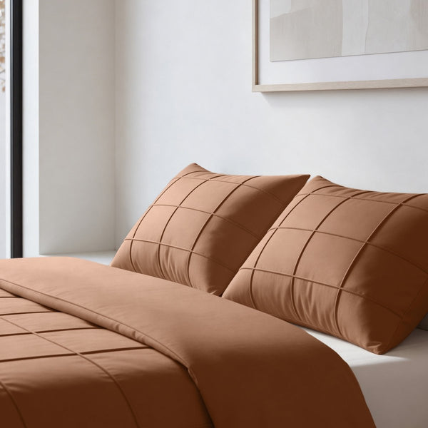 Microfibre Duvet Cover Set Check Pintuck | Mocha Moose | King Long - 240cm (W) x 220cm (L) - The Bedding & Blankets Store