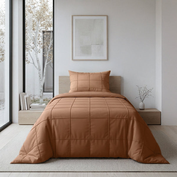 Microfibre Duvet Cover Set Check Pintuck | Mocha Moose | King Long - 240cm (W) x 220cm (L) - The Bedding & Blankets Store